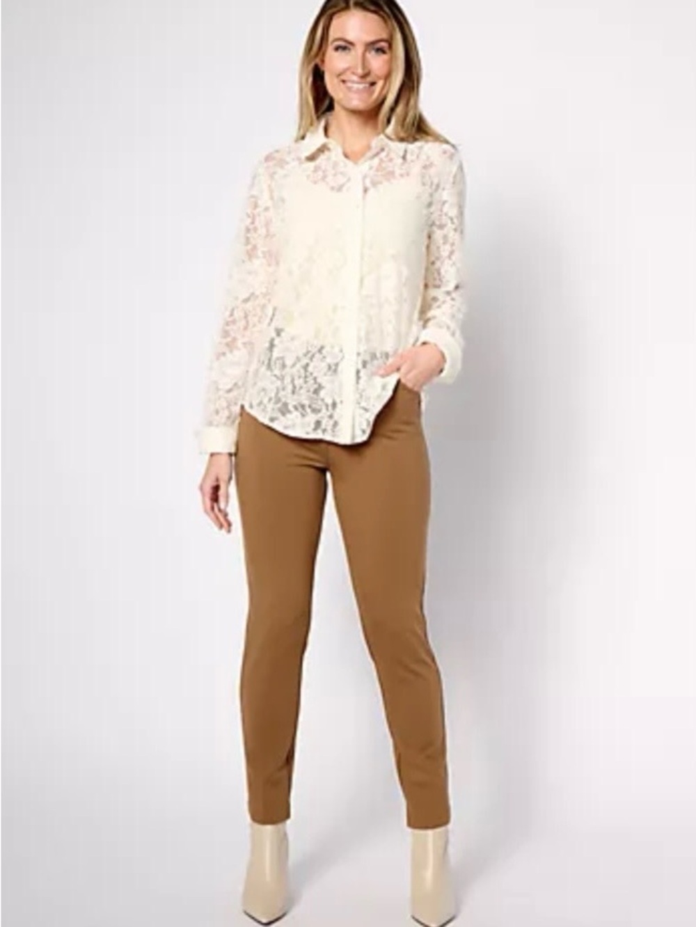 Susan Graver Slim Straight Pants in Camel Black